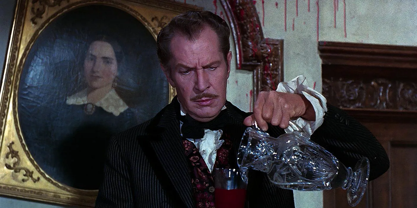 Twice-Told Tales - Vincent Price in a suit pouring a glass of wine with blood stained walls in background Image