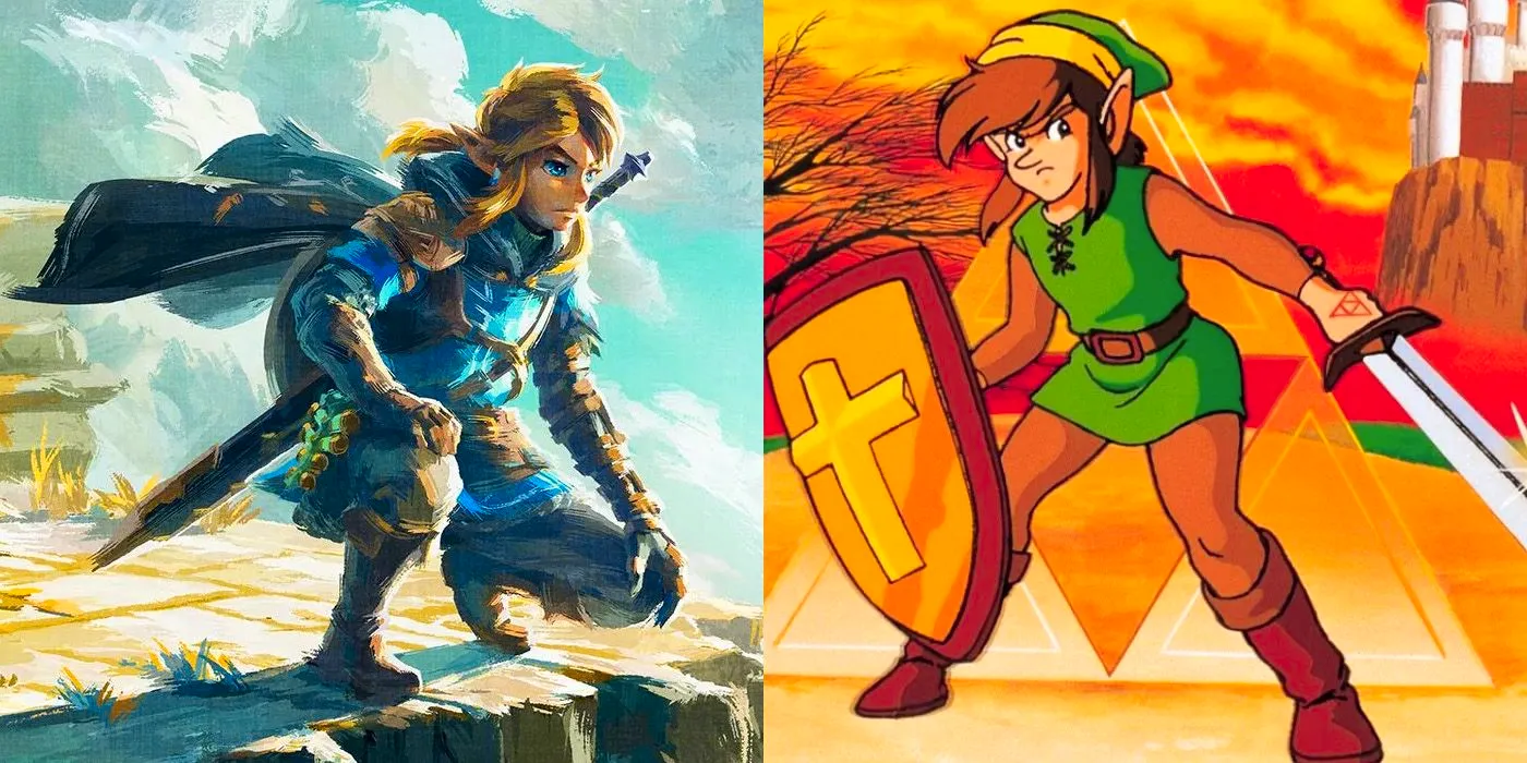 Two artworks of Link side-by-side, the one on the left from the original Legend of Zelda, and the one on the right from the series' most recent game, Tears of the Kingdom. Image