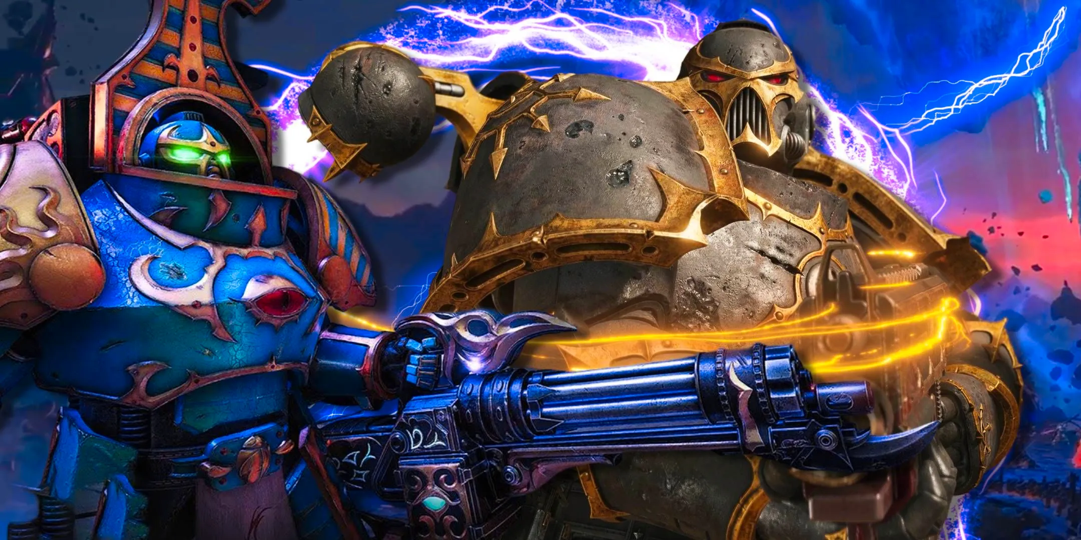 Two Chaos Marines in front of a ring of electricity in Warhammer 40,000: Space Marine 2. Image