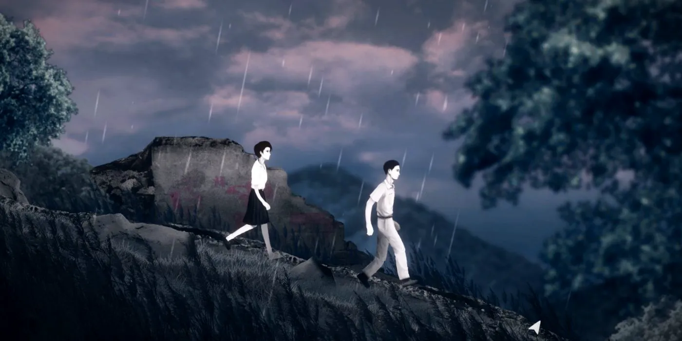 Two characters from the video game Detention walking down a hill in the rain. Image