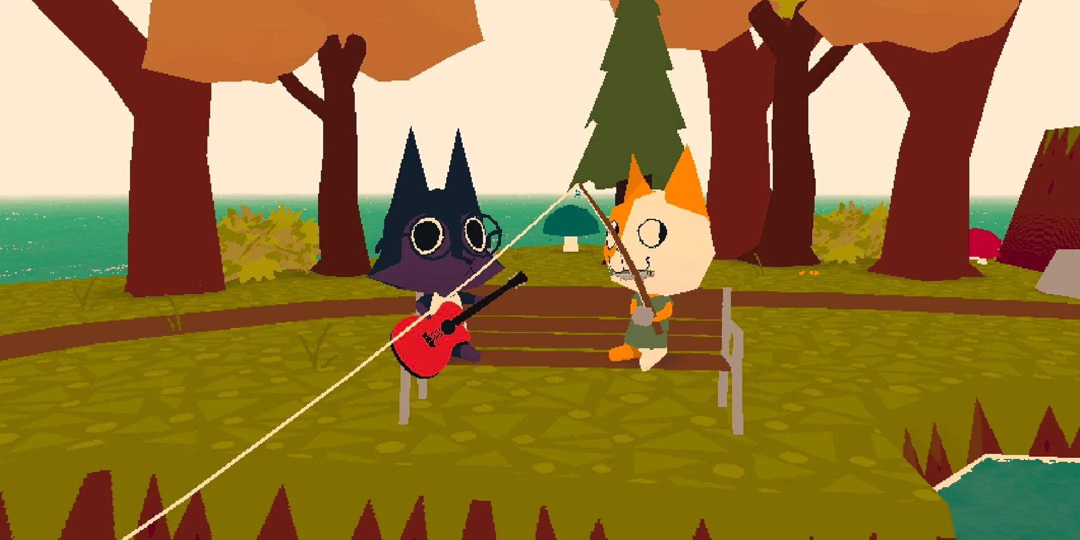 Two characters sitting on a bench as one fishes and the other plays guitar in Webfishing. Image