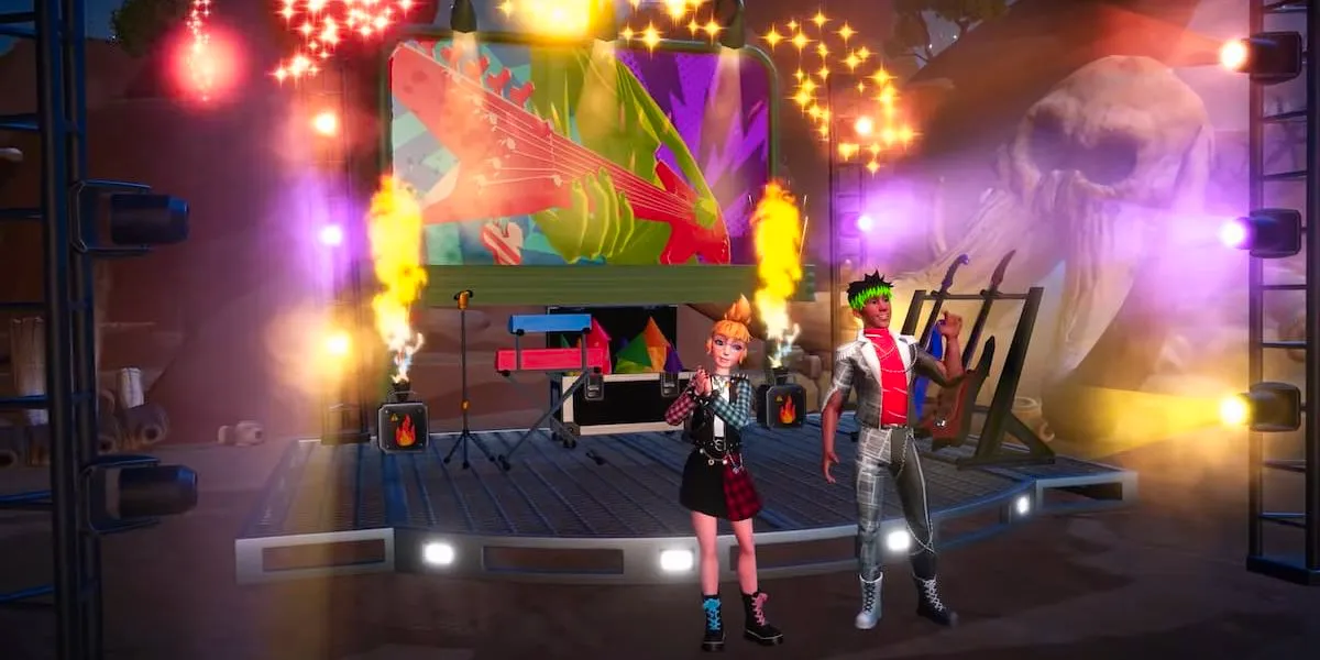 Two Disney Dreamlight Valley characters on a stage in rocker attire. Image