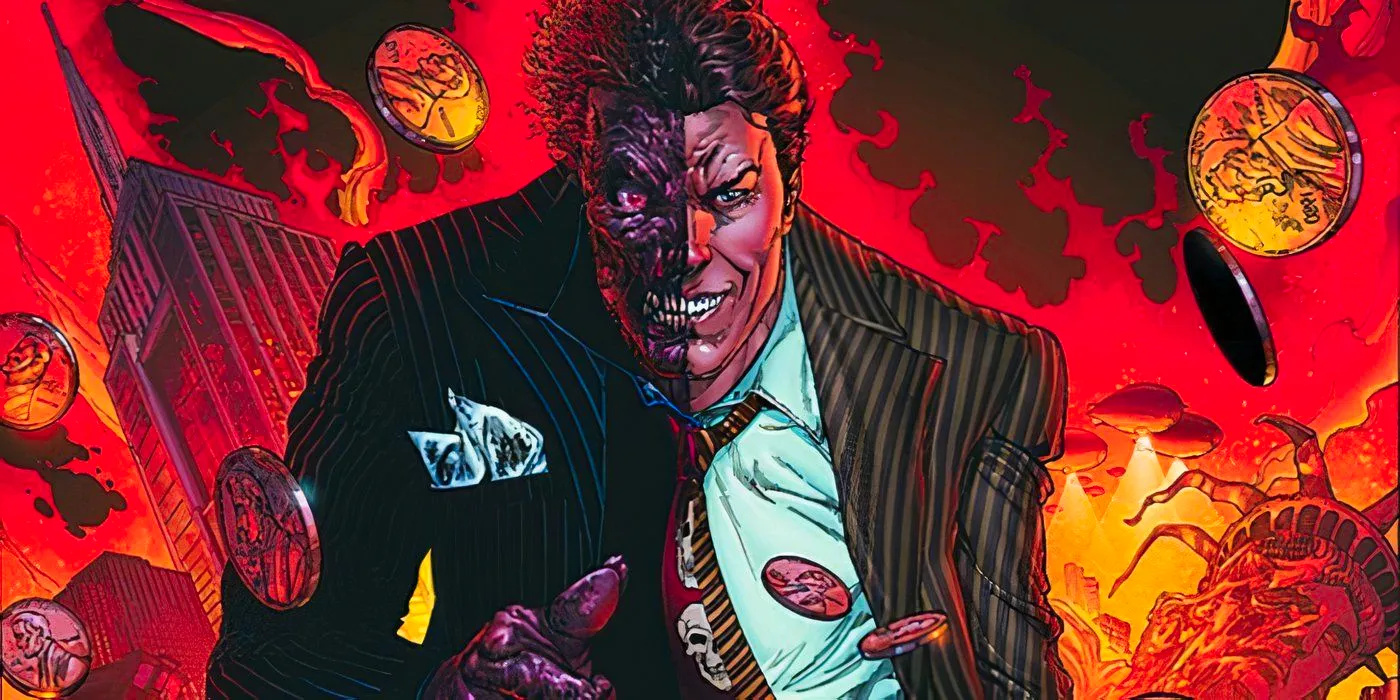 Two-Face throws a handful of coins in DC comics Image