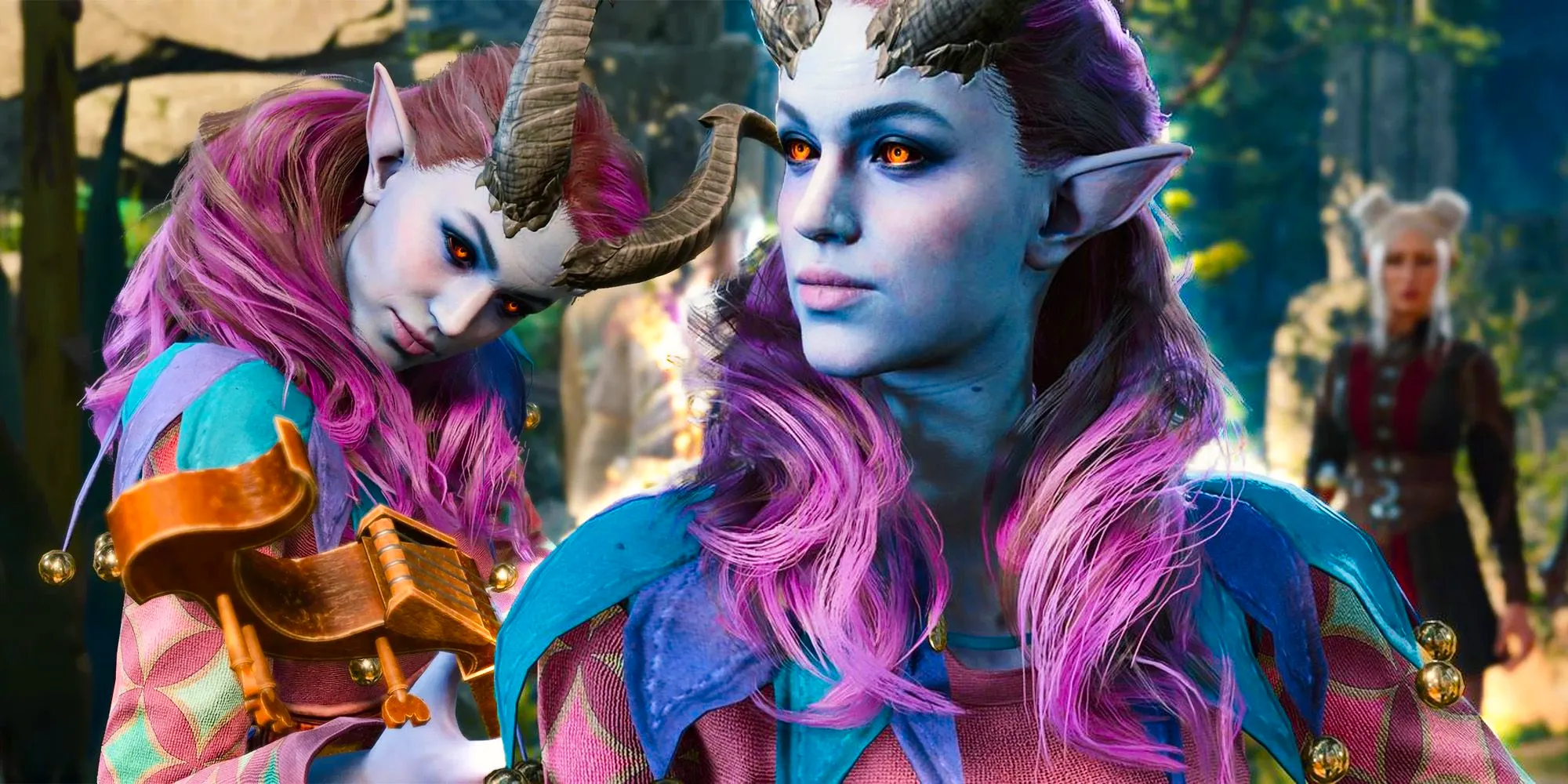 Two glamor shots of Alfira, a Tiefling with blueish skin, long pink-dyed hair, and a colorful jester's outfit. Image