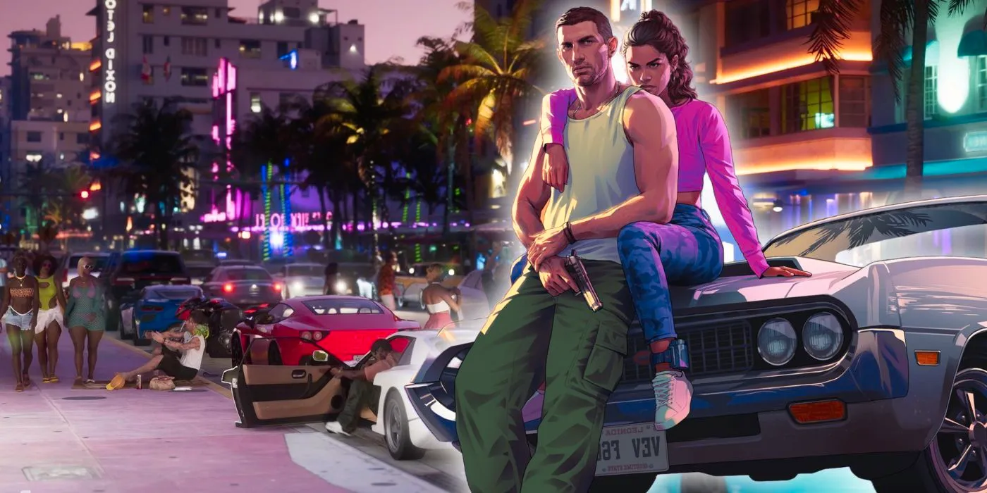 Two GTA 6 protagonists leaning on a car with the Vice City night life in the background Image