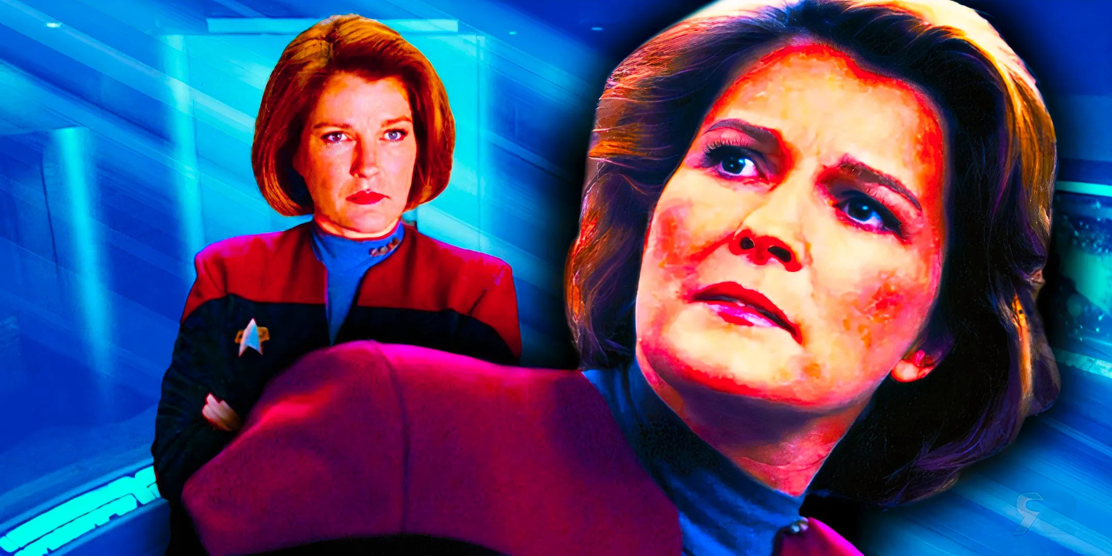 Two images of Captain Janeway (Kate Mulgrew) from Star Trek: Voyager, one of her sitting looking up and one of her standing with her arms crossed. Image