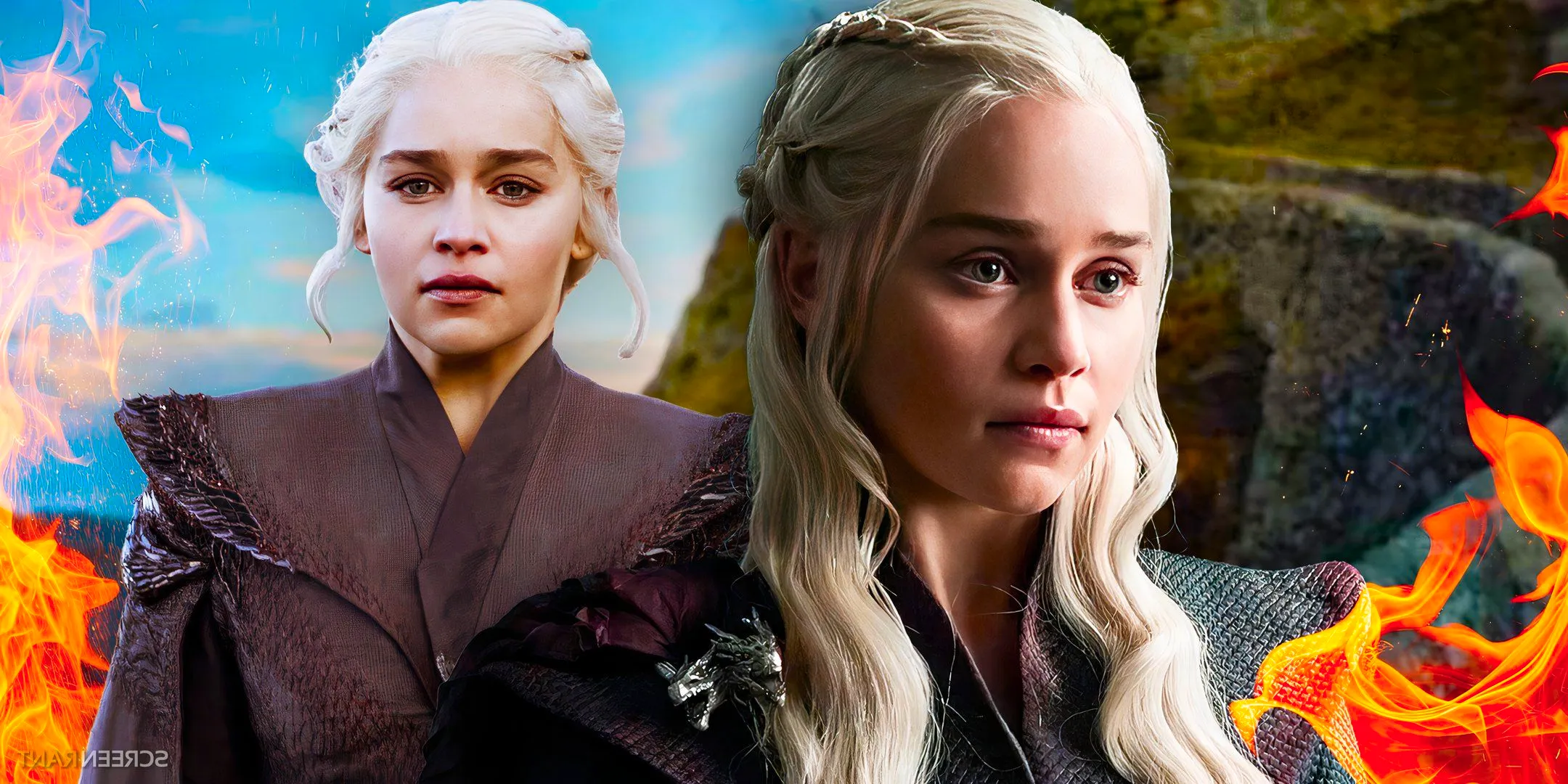 Two images of Daenerys Targaryen (Emilia Clarke) wearing black in Game of Thrones, with Dragonstone and fire in the background Image