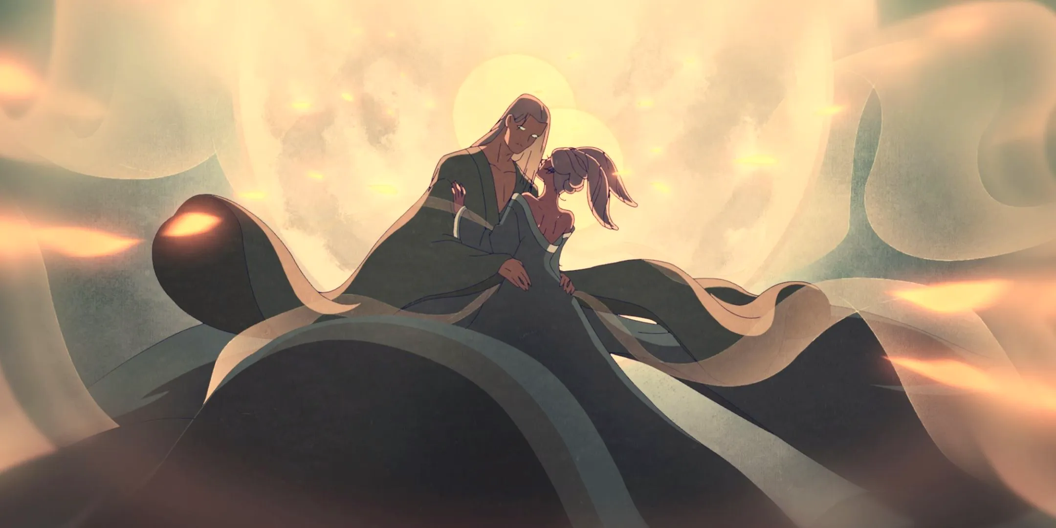 Two lovers in front of the moon looking at the camera in an animated Black Myth Wukong cutscene. Image