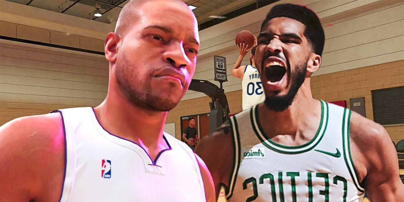 Two NBA 2K25 players on the court. Image