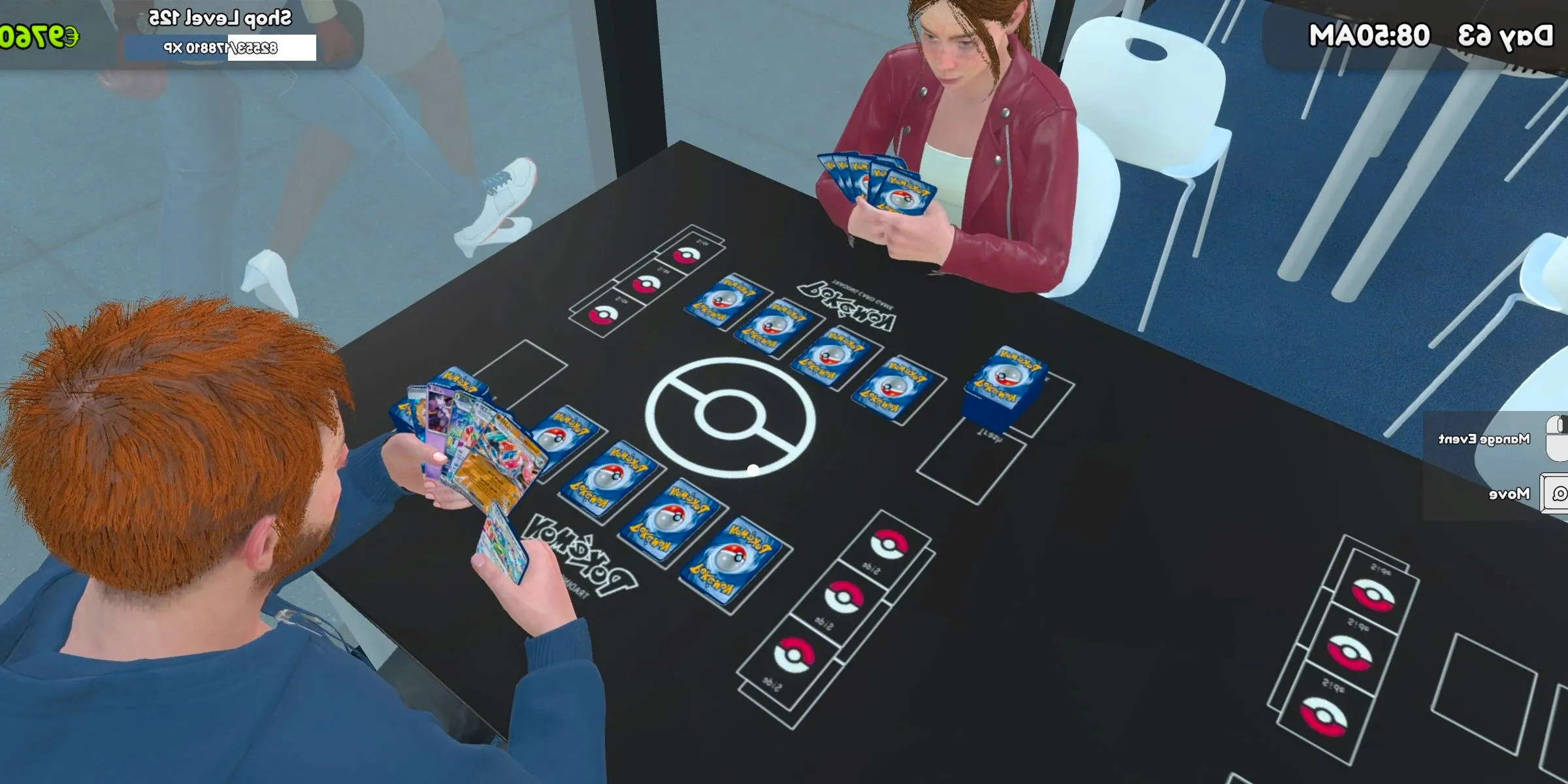 Two NPCs in TCG Card Shop Simulator having a Pokémon TCG battle. Image