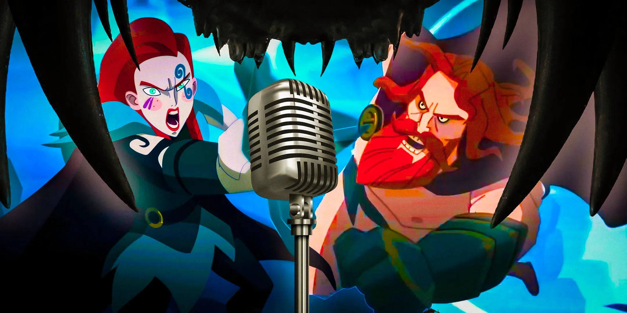 Two of the main characters battling in Twilight of the Gods (2024) around a microphone stand Image