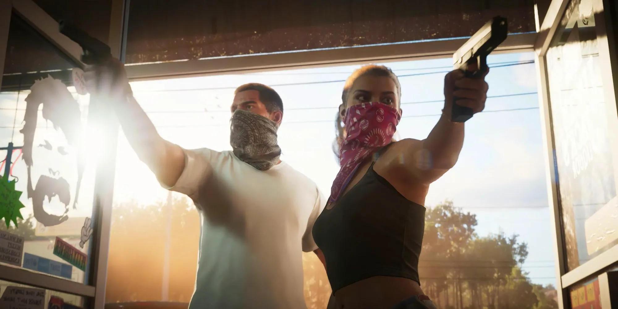 Two people opening double doors and pointing pistols. They both have bandanas tied around they lower half of their faces. Image