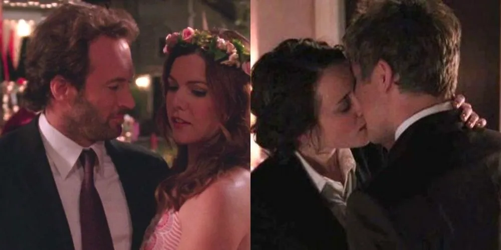 Two side by side images of Lorelai and Rory and their boyfriends in Gilmore Girls Image