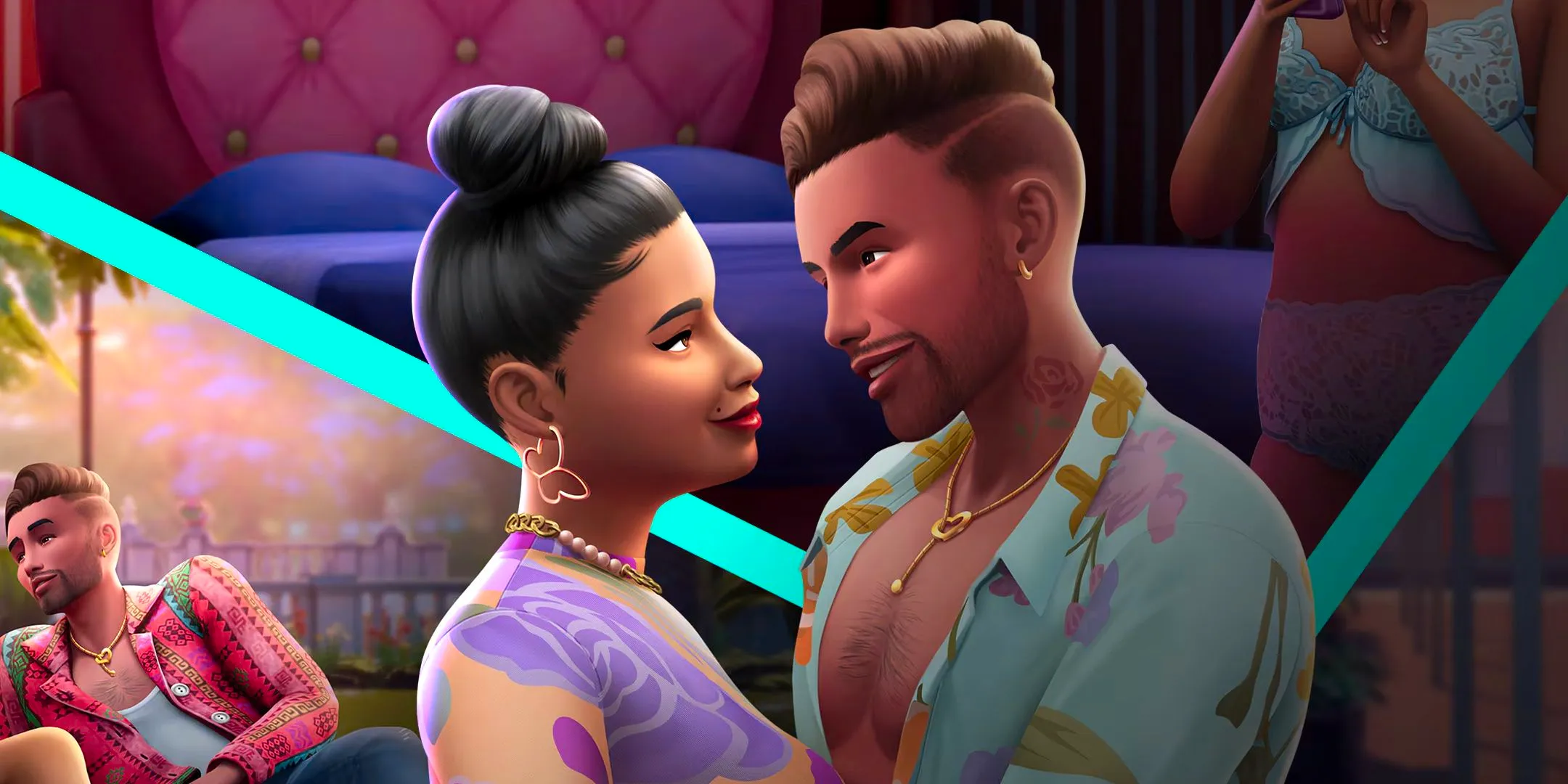 Two Sims embracing lovingly in the Sims 4 Lovestruck expansion. Image