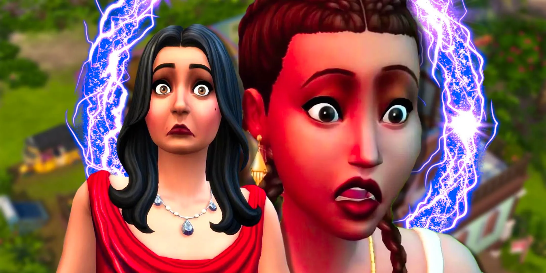 Two Sims, including Bella Goth, looking shocked in The Sims 4. Image