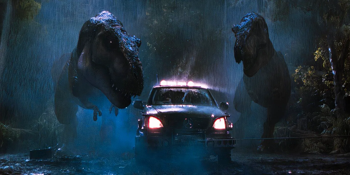 Two T-Rexes are attacking a car in The Lost World Jurassic Park Image