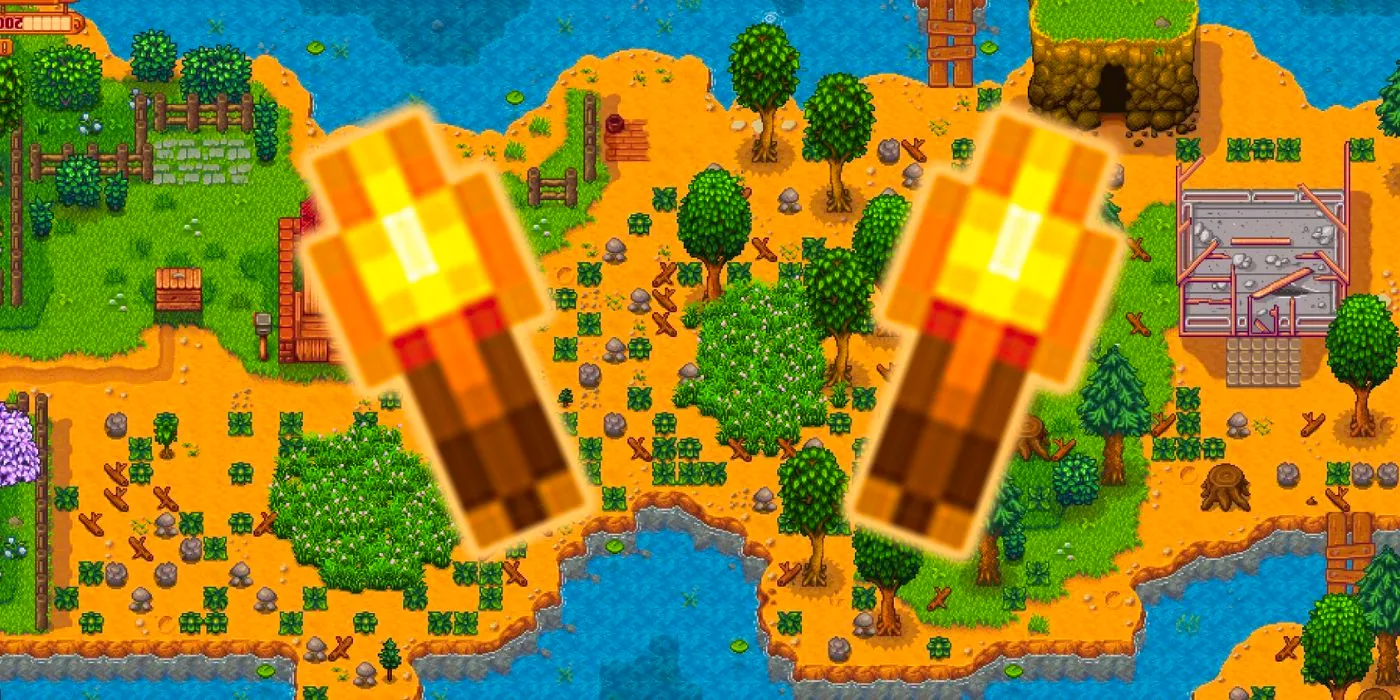 Two torches over a Stardew Valley farm Image