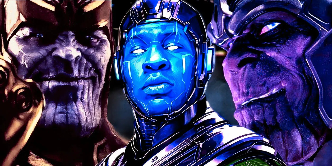 Two versions of Thanos from the MCU behind an MCU version of Kang the Conqueror. Image