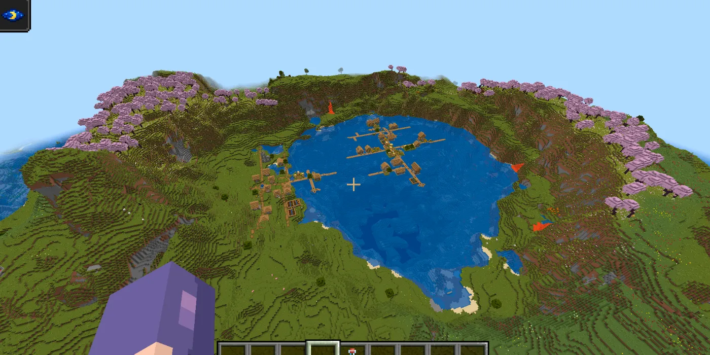 Two Villages in a Lagoon surrounded by Plains, Meadow and Cherry Grove Biomes in Minecraft. Image