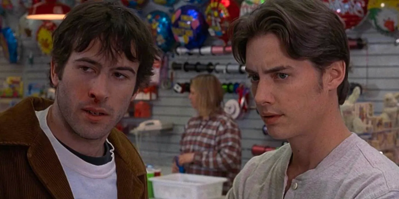 Two young men look on in a party store from Mallrats  Image