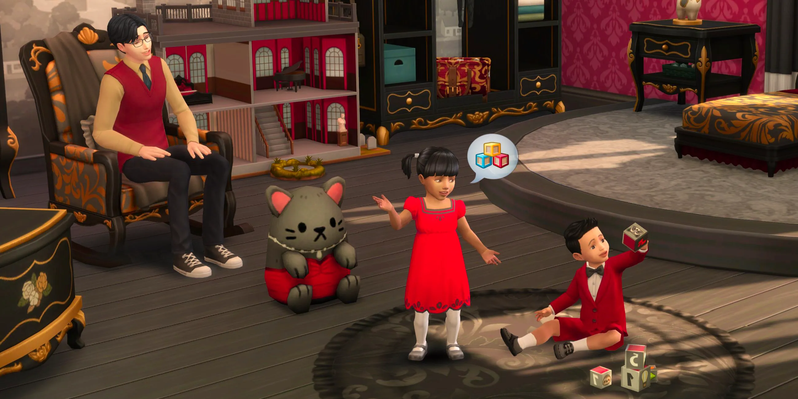 Two young Sims play on a nursery floor while an adult Sim sits in an armchair nearby. Image