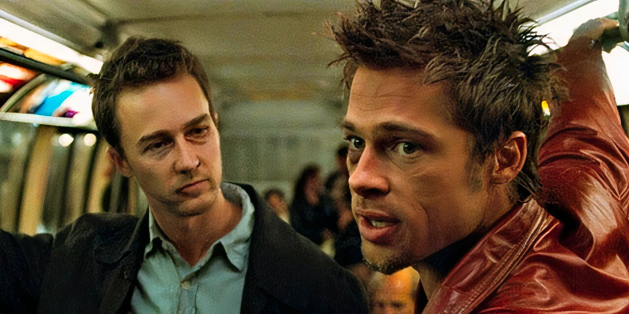 Tyler Durden and the narrator on the bus in Fight Club Image