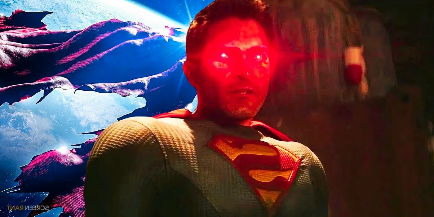 Tyler Hoechlin's Superman using his heat vision and a Superman & Lois season 4 poster of the red cape as an S in space Image