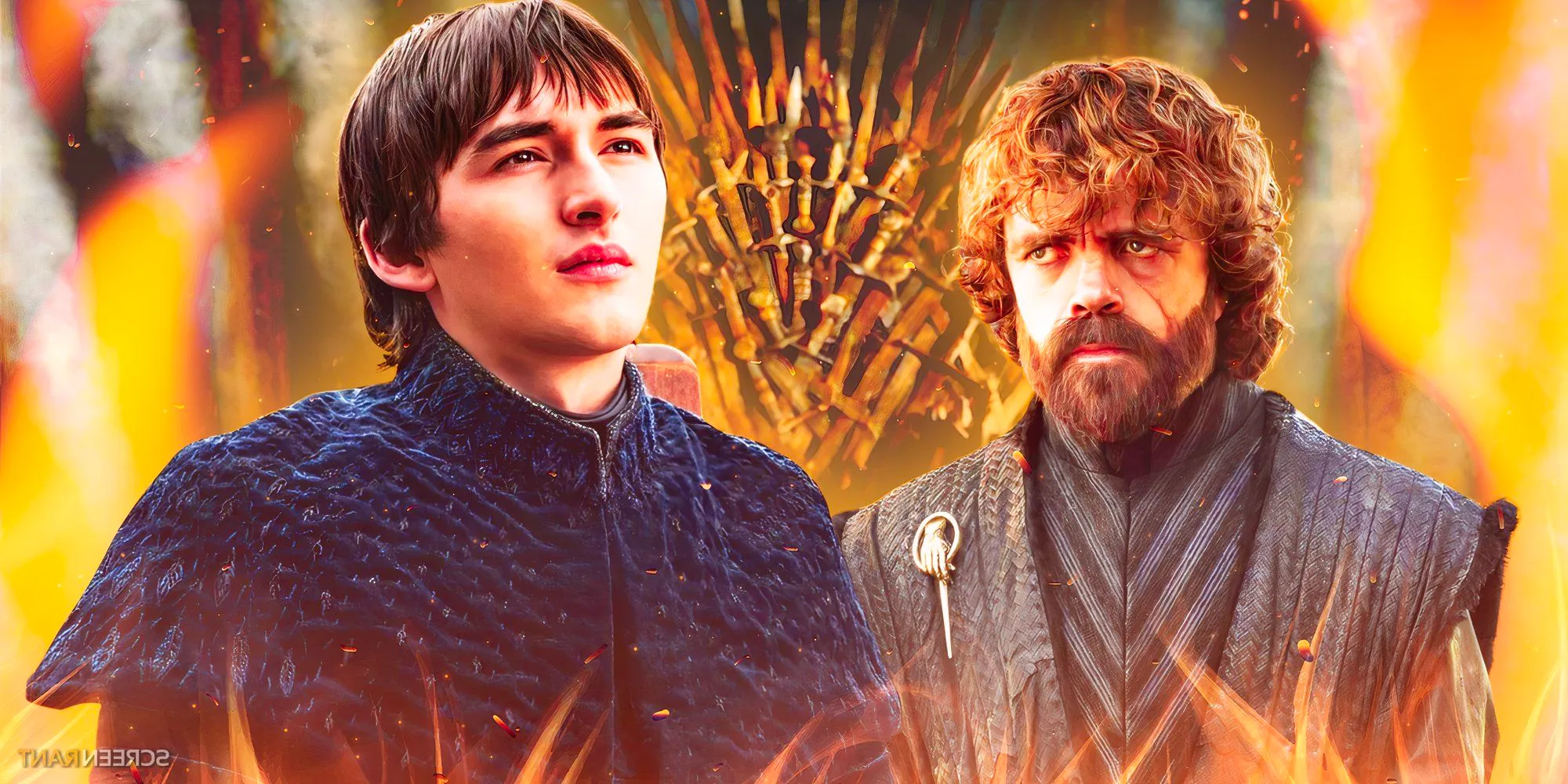 Tyrion Lannister (Peter Dinklage) and Bran Stark (Isaac Hempstead Wright) in Game of Thrones' series finale, with the Iron Throne in the bakground Image