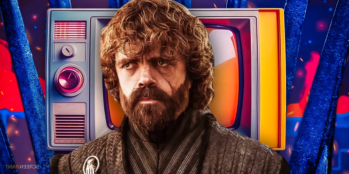 Tyrion Lannister (Peter Dinklage) looking sad and worried in Game of Thrones series finale, with a TV image in the background Image