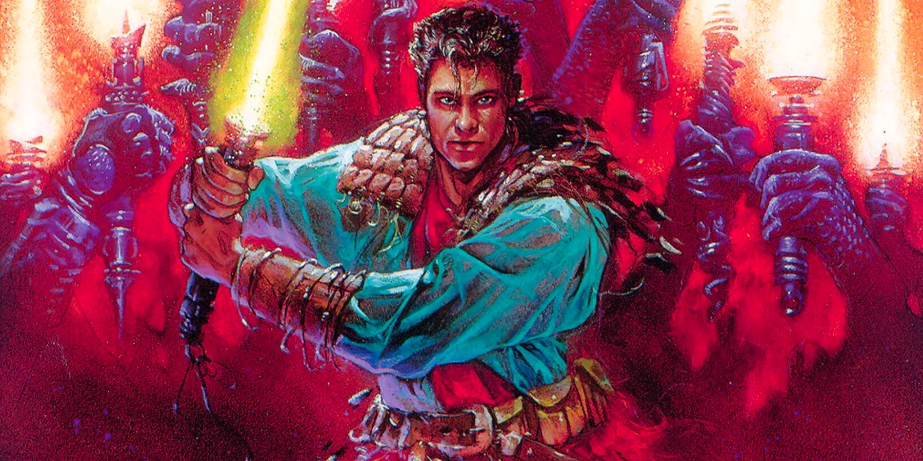 Ulic Qel-Droma wielding a lightsaber in front of a Sith Army in Star Wars comics. Image