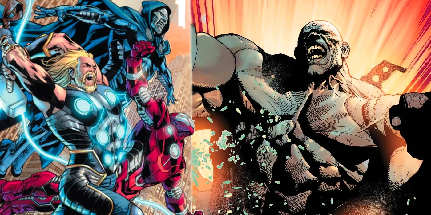 Ultimate Hulk (left) and the Ultimates including Thor, Iron Man, & Doctor Doom (right.) Image