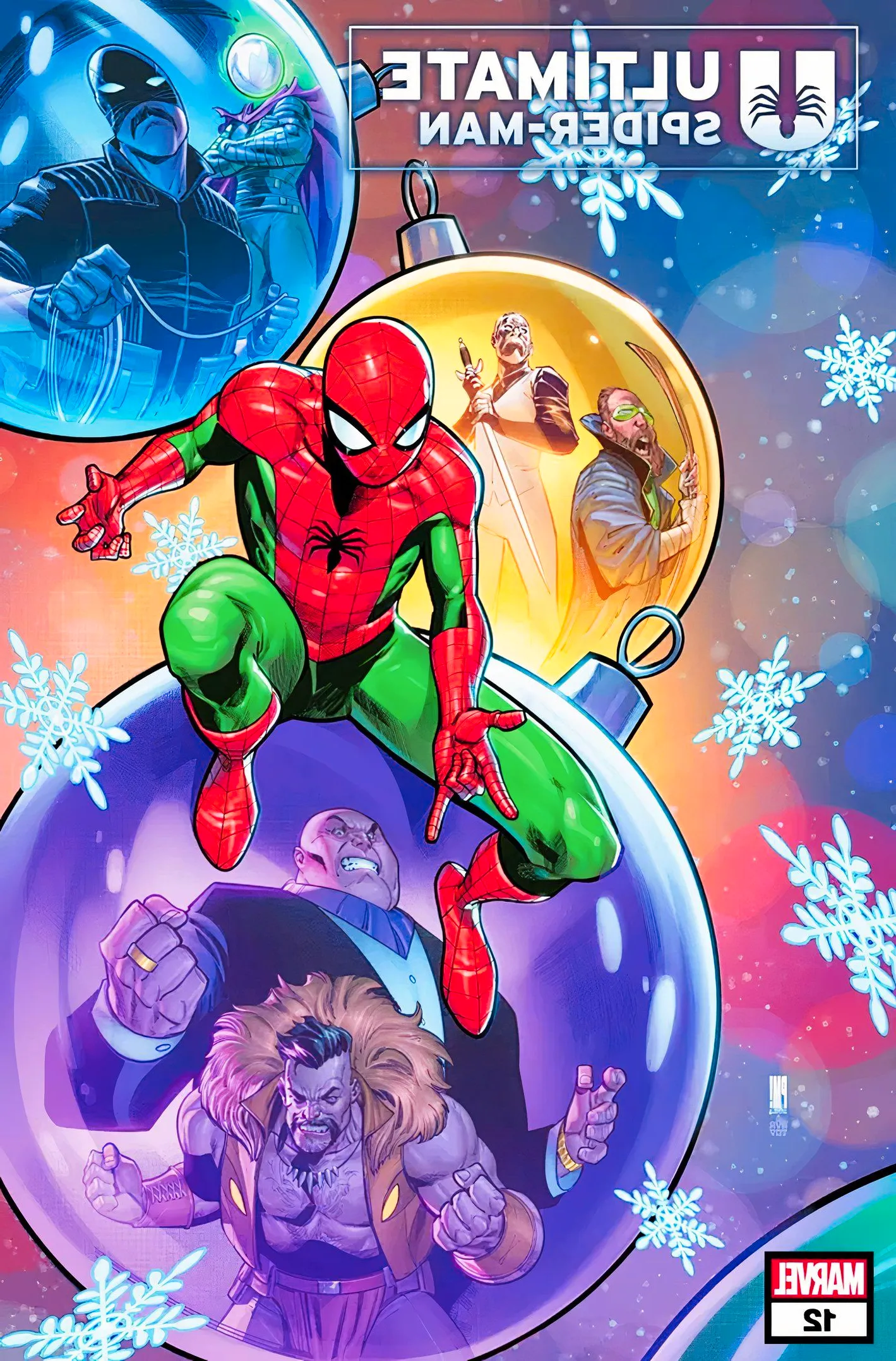 Ultimate Spider-Man #12 cover, a red-and-green Spidey with villains trapped in Xmas ornaments Image