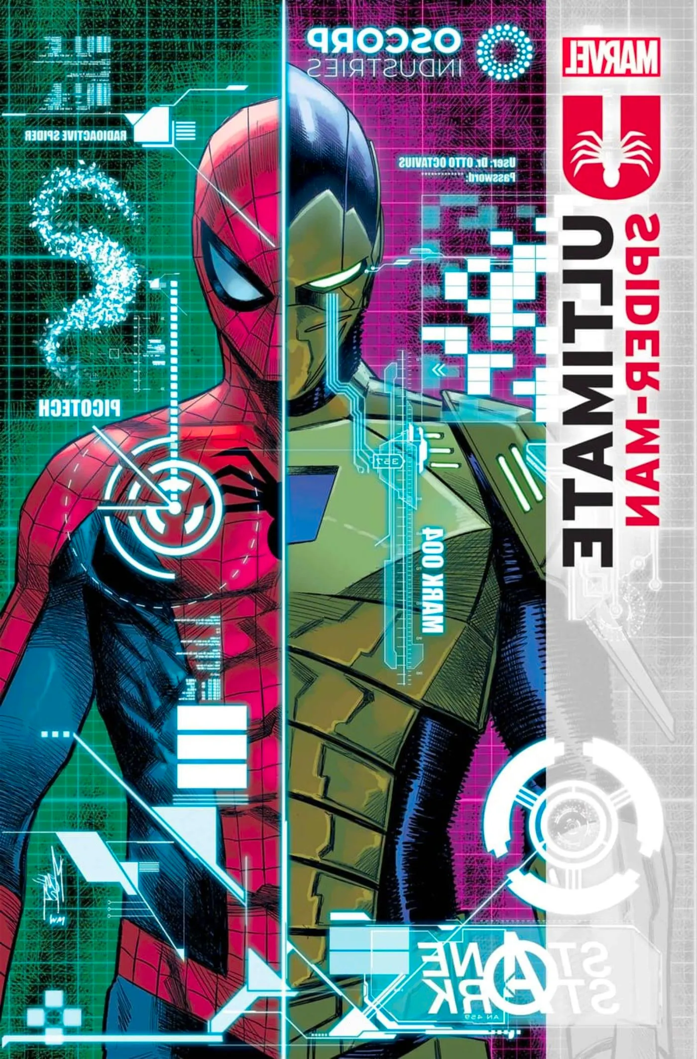 Ultimate Spider-Man #7 cover featuring a split-image of Spider-Man and the Green Goblin. Image