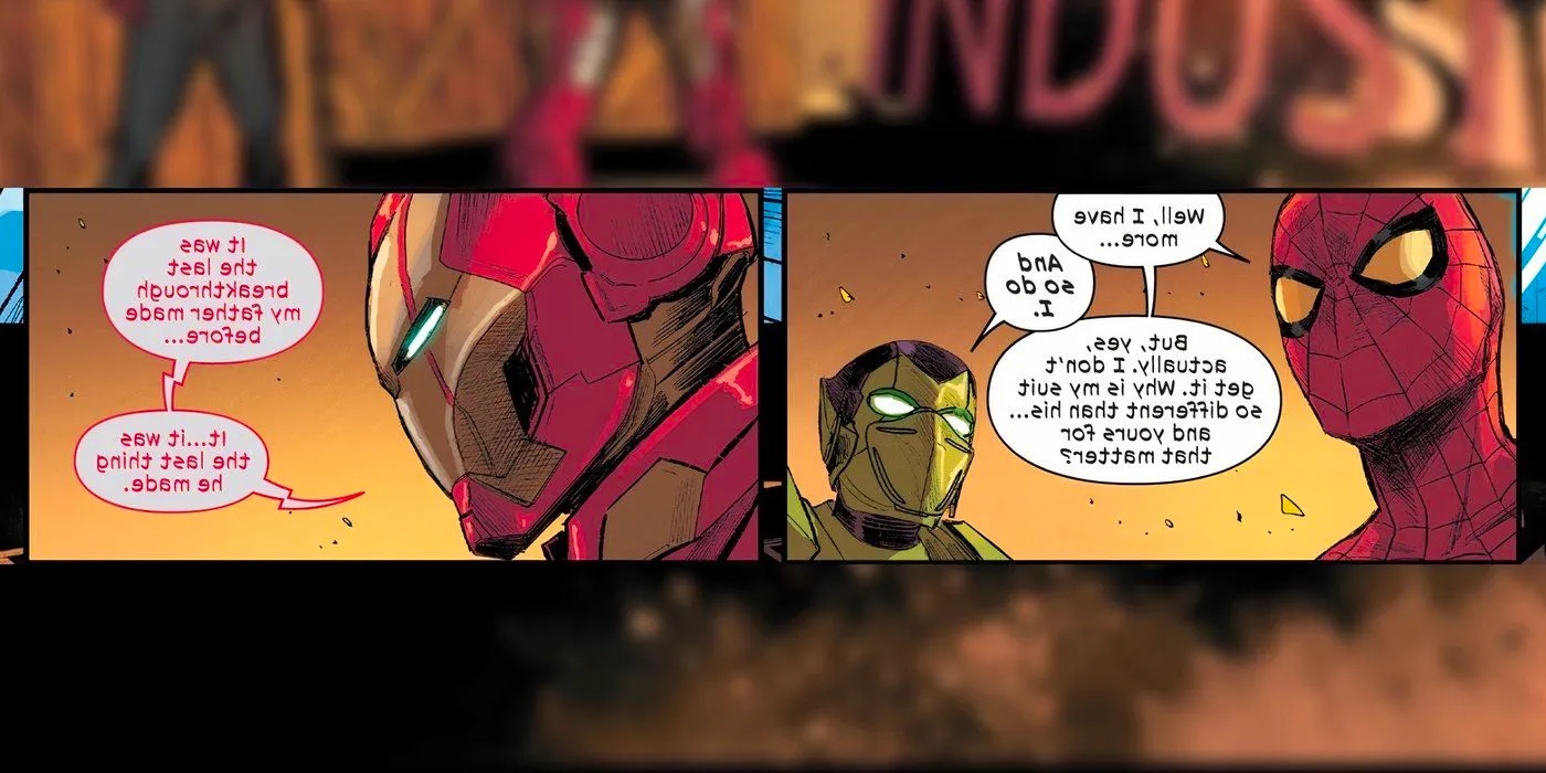 Ultimate Spider-Man asks Iron Man a question about his suit while Green Goblin stands nearby Image