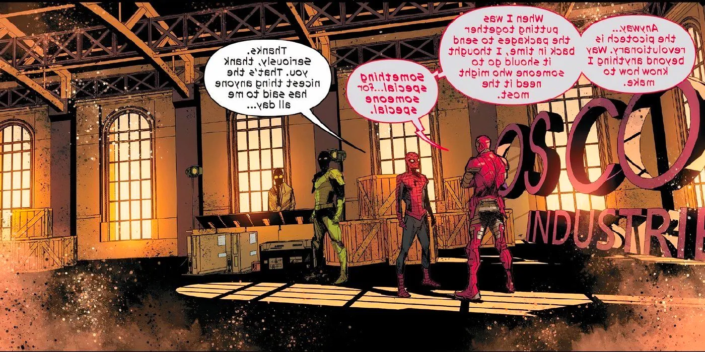 Ultimate Spider-Man, Tony Stark and Green Goblin talking about Peter's picotech in a large Oscorp Industries room Image