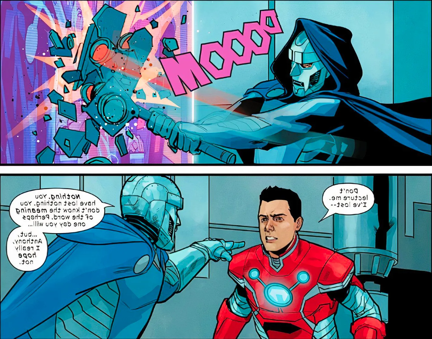 ULTIMATES #4, Reed Richards smashes an image of the Maker with a hammer, which makes a DOOM sound Image