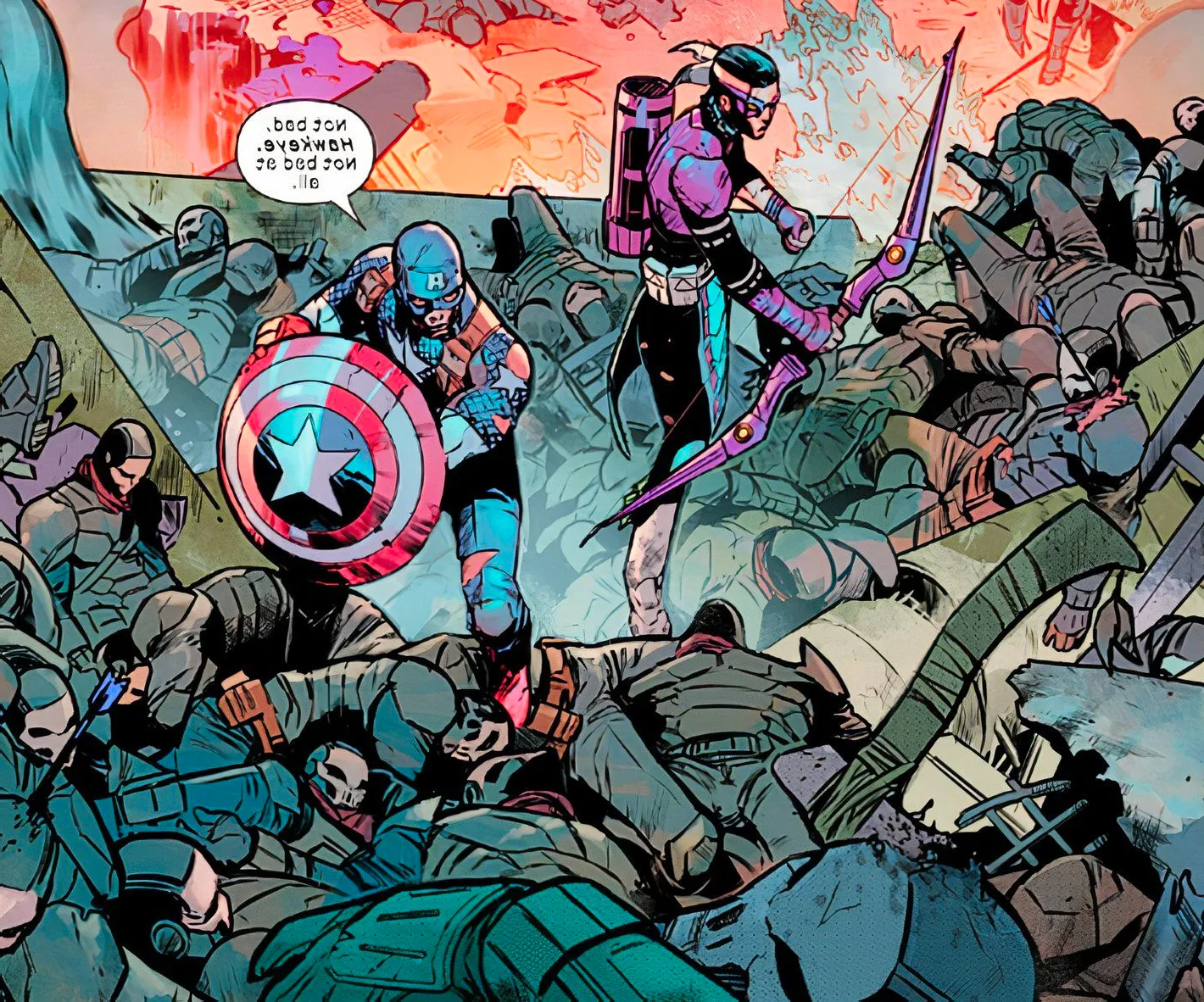 Ultimates #5, Captain America and the new Hawkeye stand among a pile of defeated Roxxon mercenaries Image