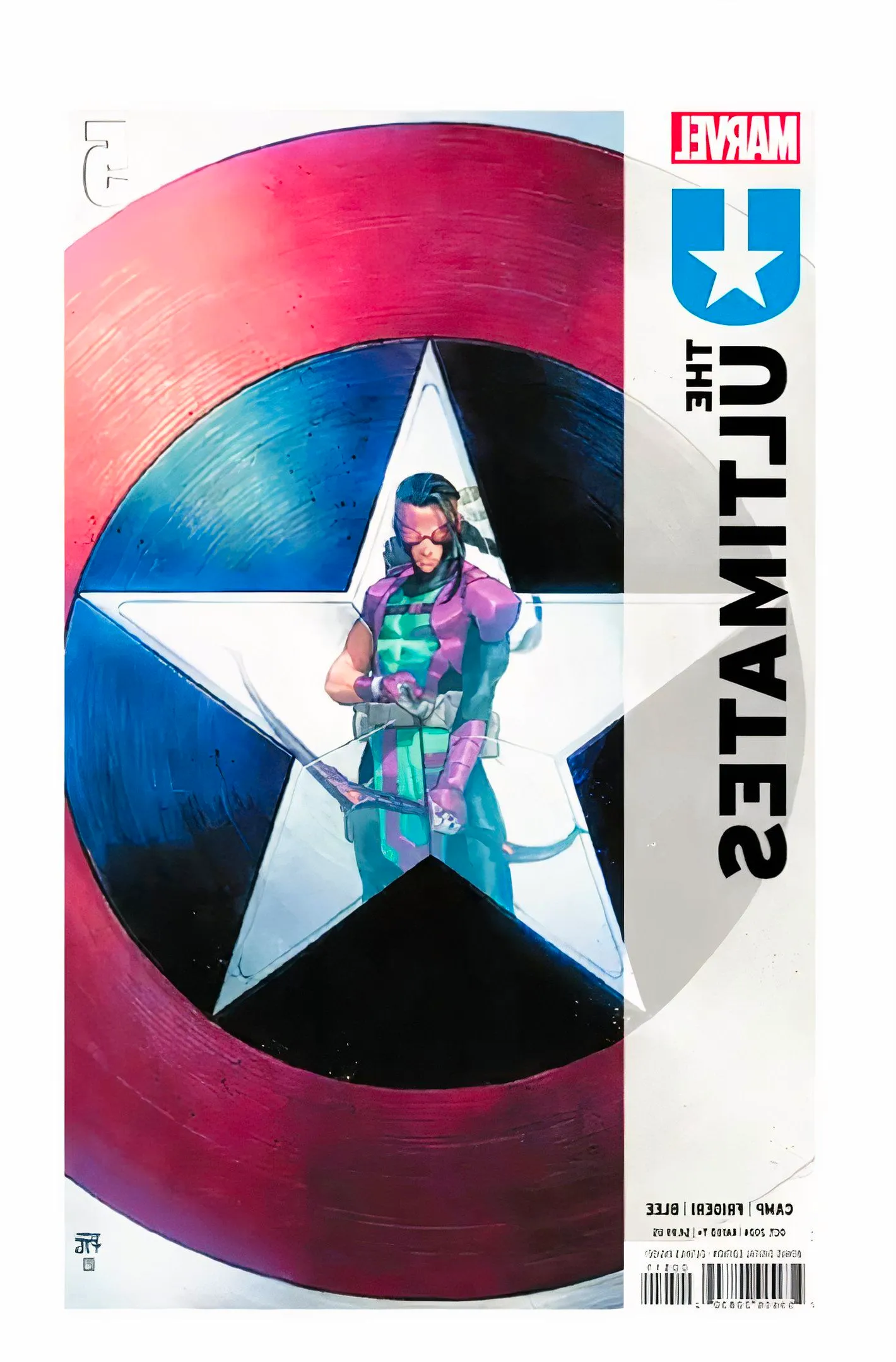 Ultimates #5 cover, the new Ultimate Hawkeye reflected in Captain America's shield Image