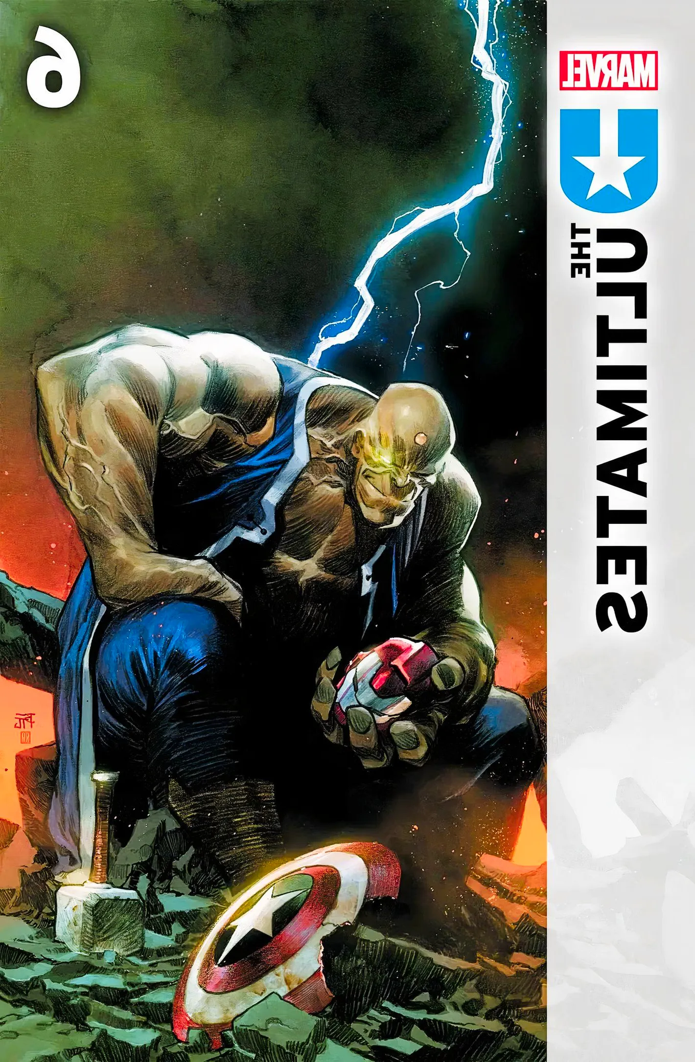 Ultimates #6 cover, Hulk holding Iron Man's helmet in his hands, Captain America's shield amidst rubble at his feet. Image