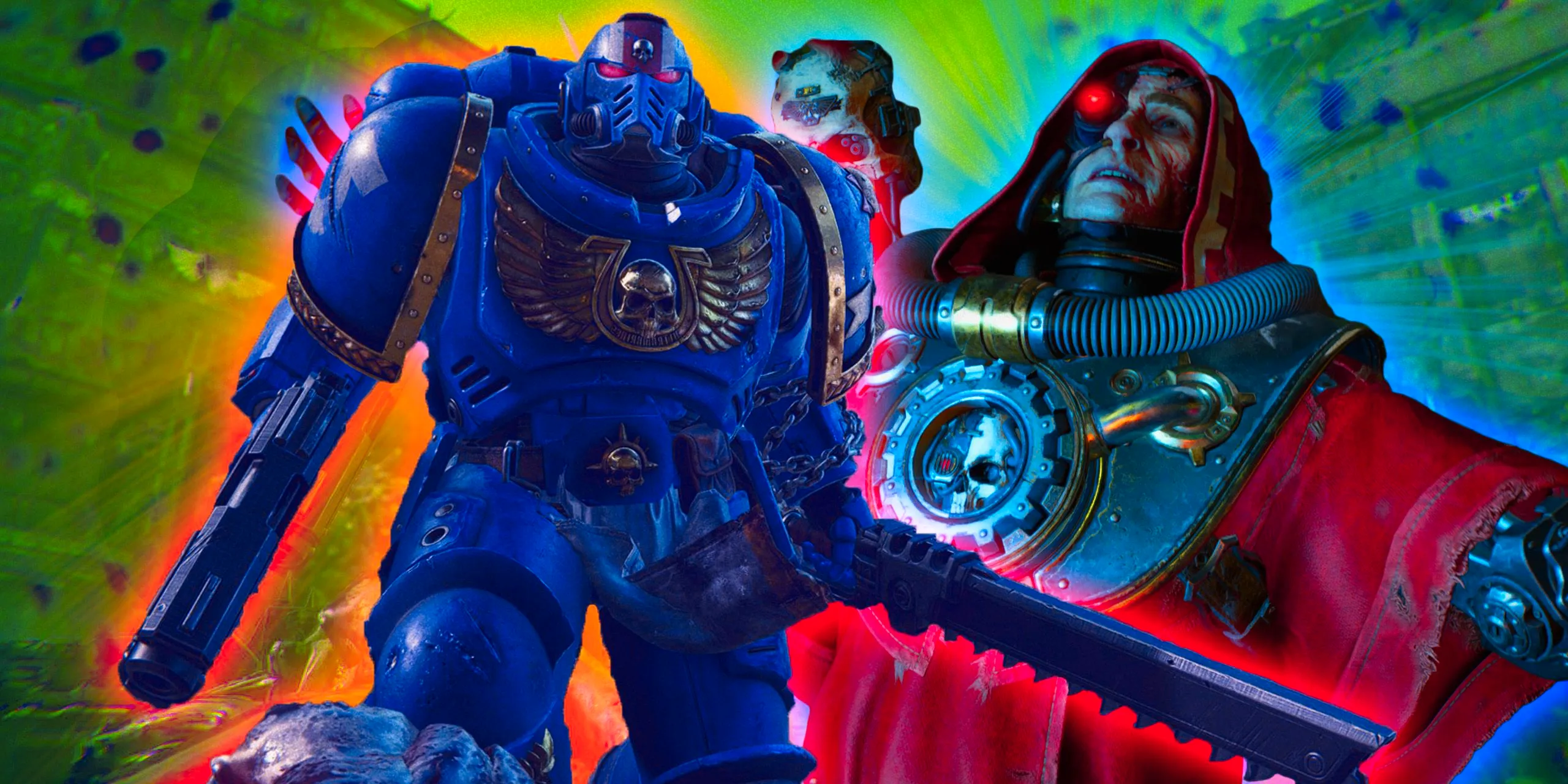 Ultramarine standing triumphantly next to a member of the Adeptus Mechanicus. Image