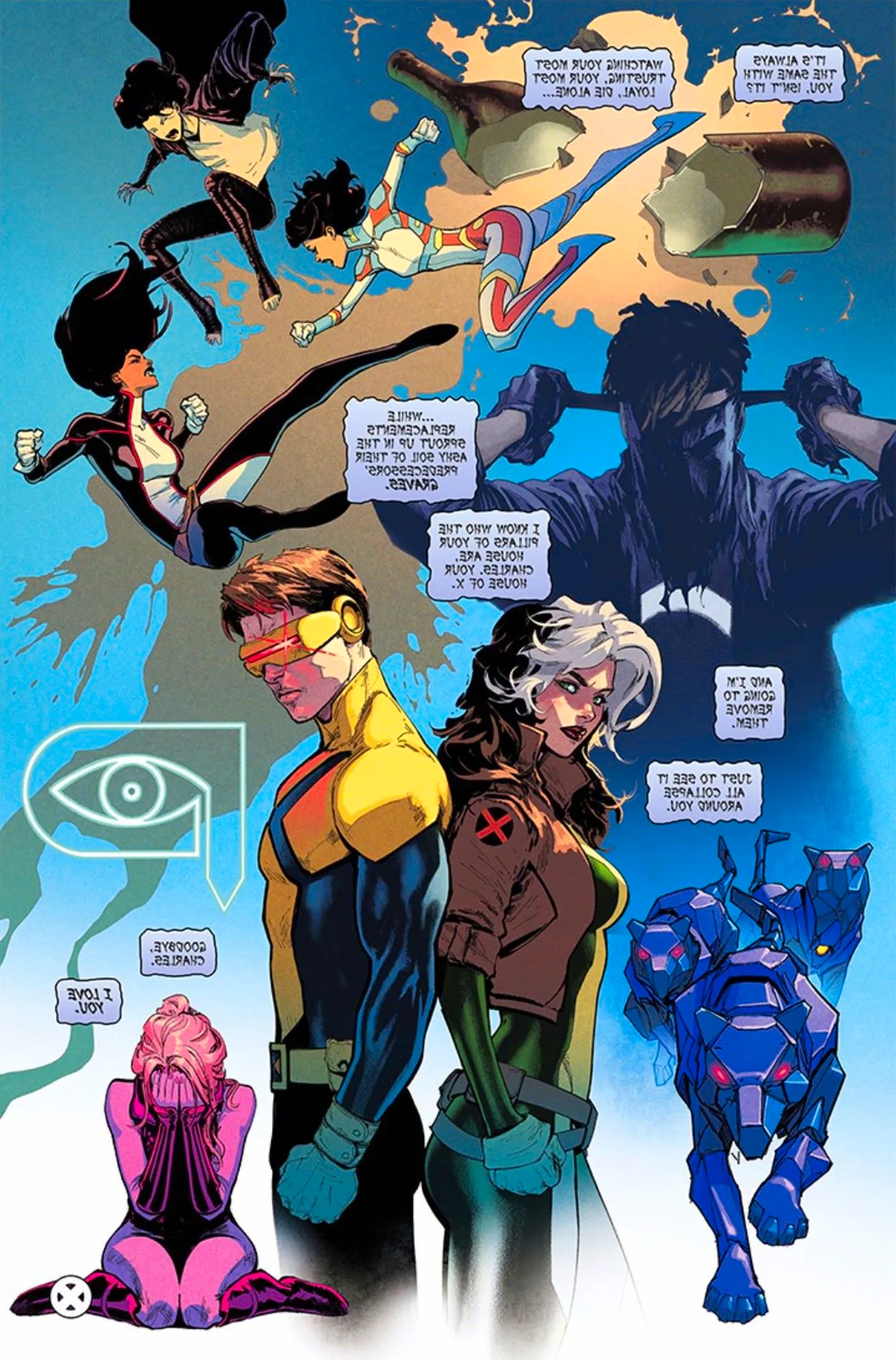 Uncanny X-Men #1, featuring Rogue and Cyclops (foreground) with X-Men past and present in the background. Image