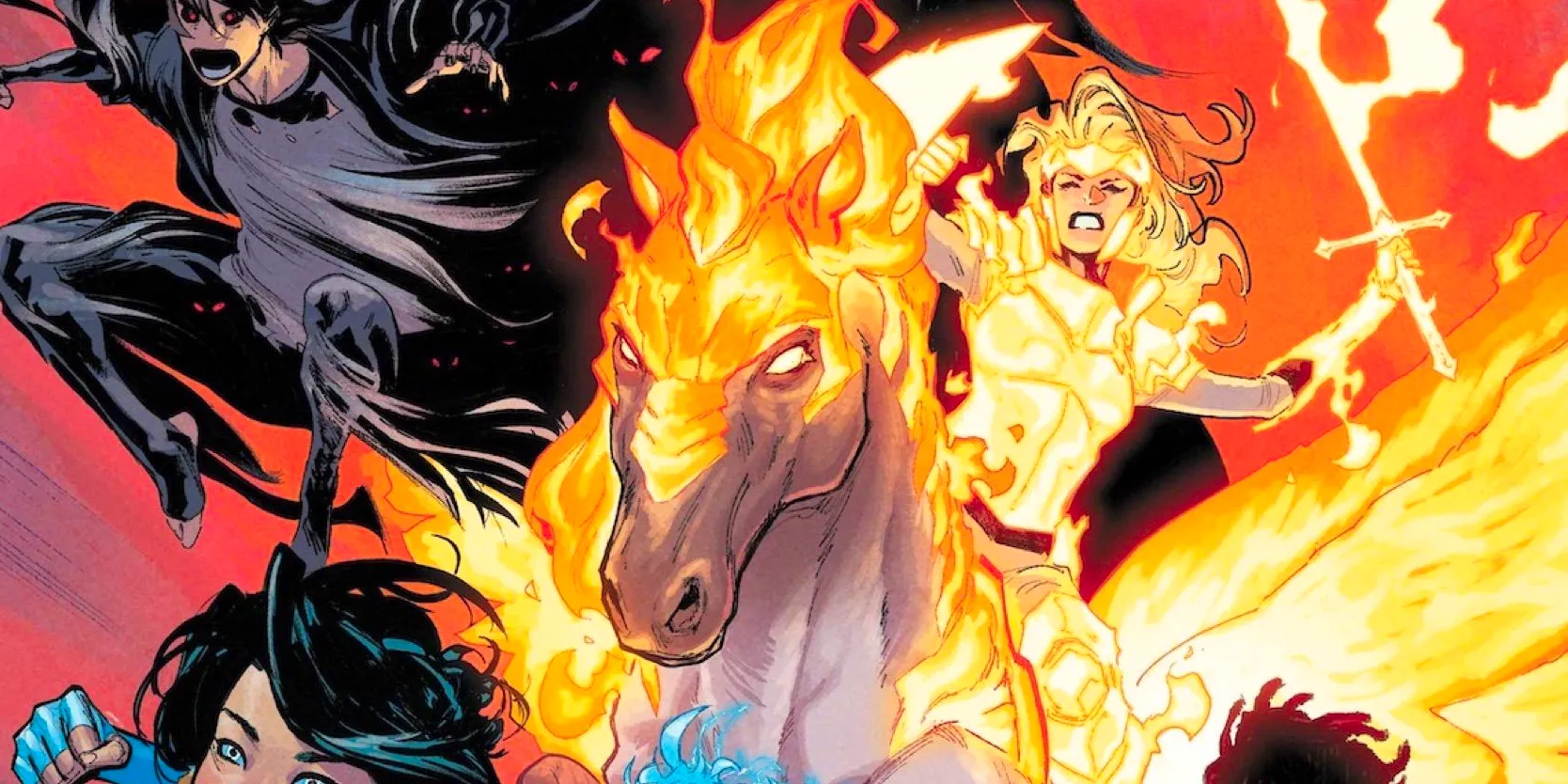 Uncanny X-Men, new mutant Calico wields a sword on her horse Ember with a flaming Pegasus-like form. Image