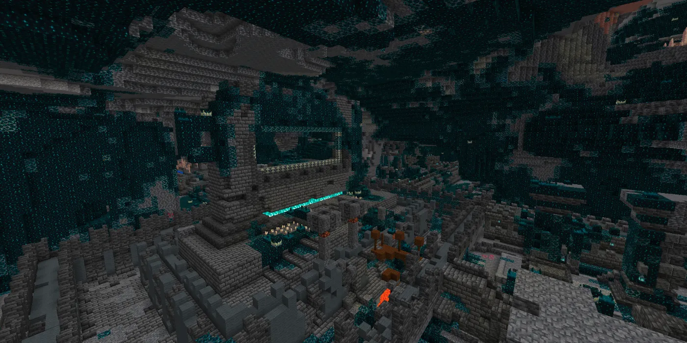 Underground Ancient City structure, below spawn point in Minecraft. Image