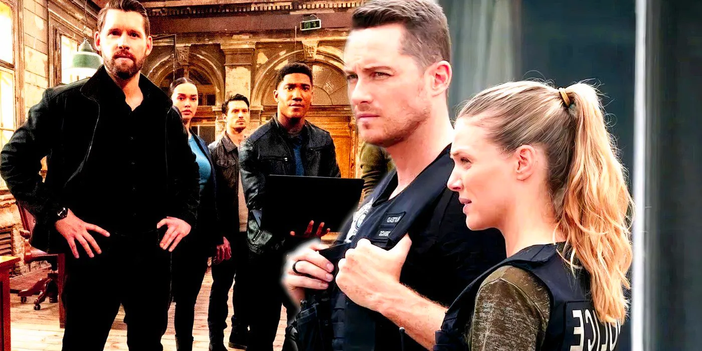 Upton and Jay looking at something in Chicago PD while the FBI International cast look forward at something Image