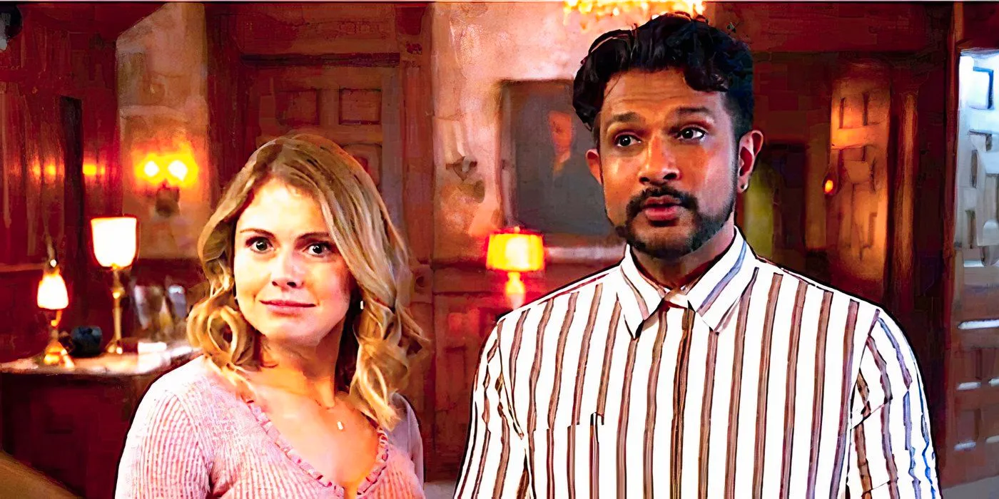 Utkarsh Ambudkar's Jay and Rose McIver's Sam standing together and smiling in Ghosts. Image