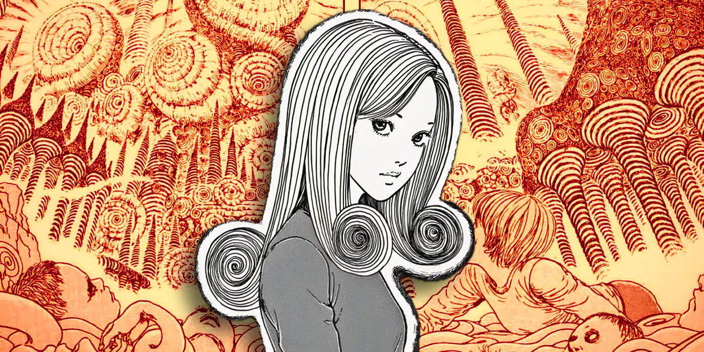 Uzumaki's Kirie with spiral hair standing in front of the Spiral City. Image