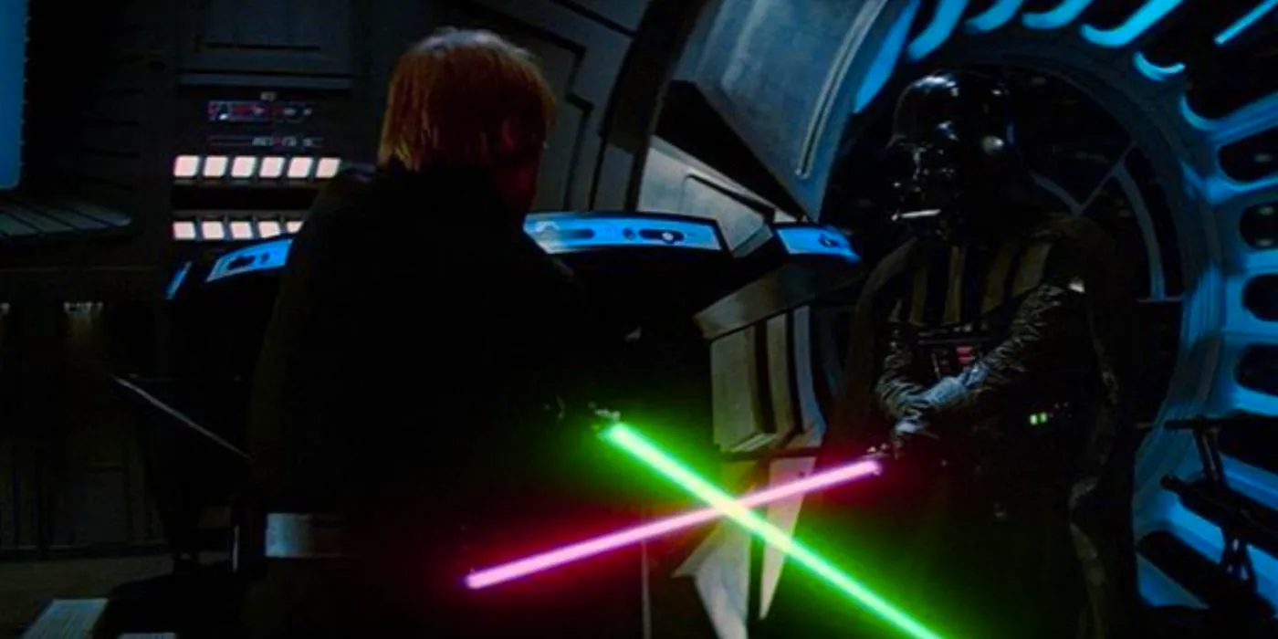 Vader fighting Luke on the Death Star in Return of the Jedi. Image