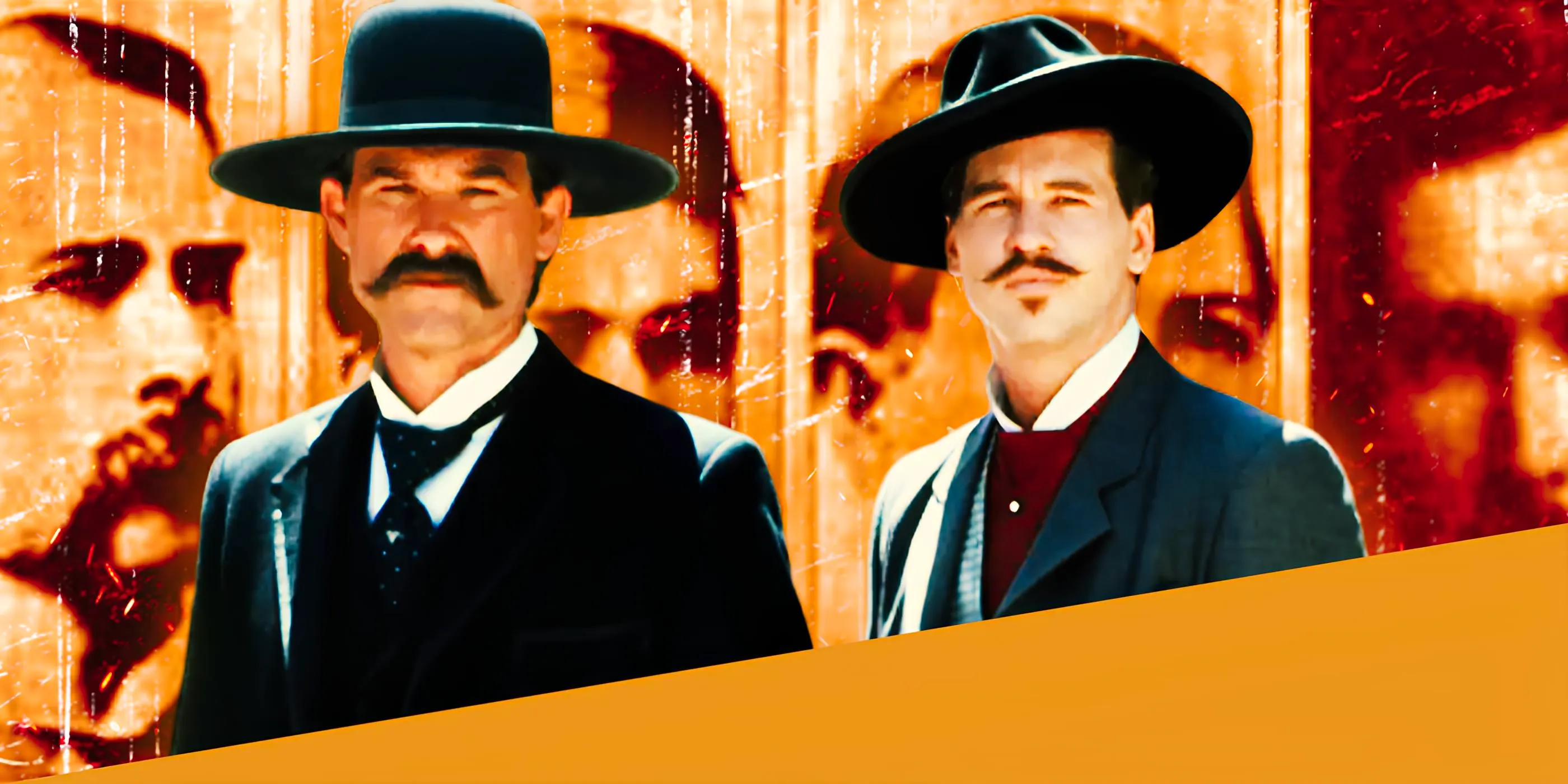 Val Kilmer and Kurt Russell in Tombstone in Front of Old Photographs Image