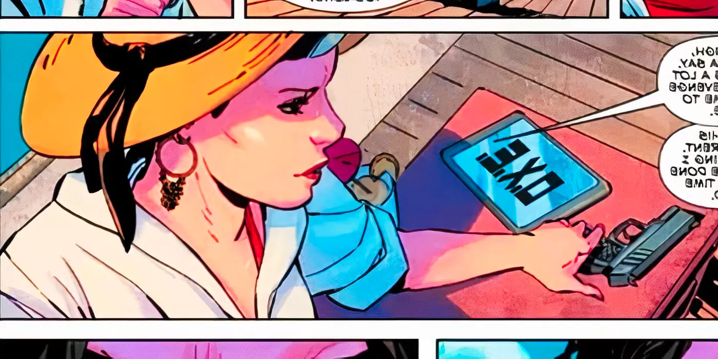 Valentina with a gun and an OXE image in Marvel Comics Image