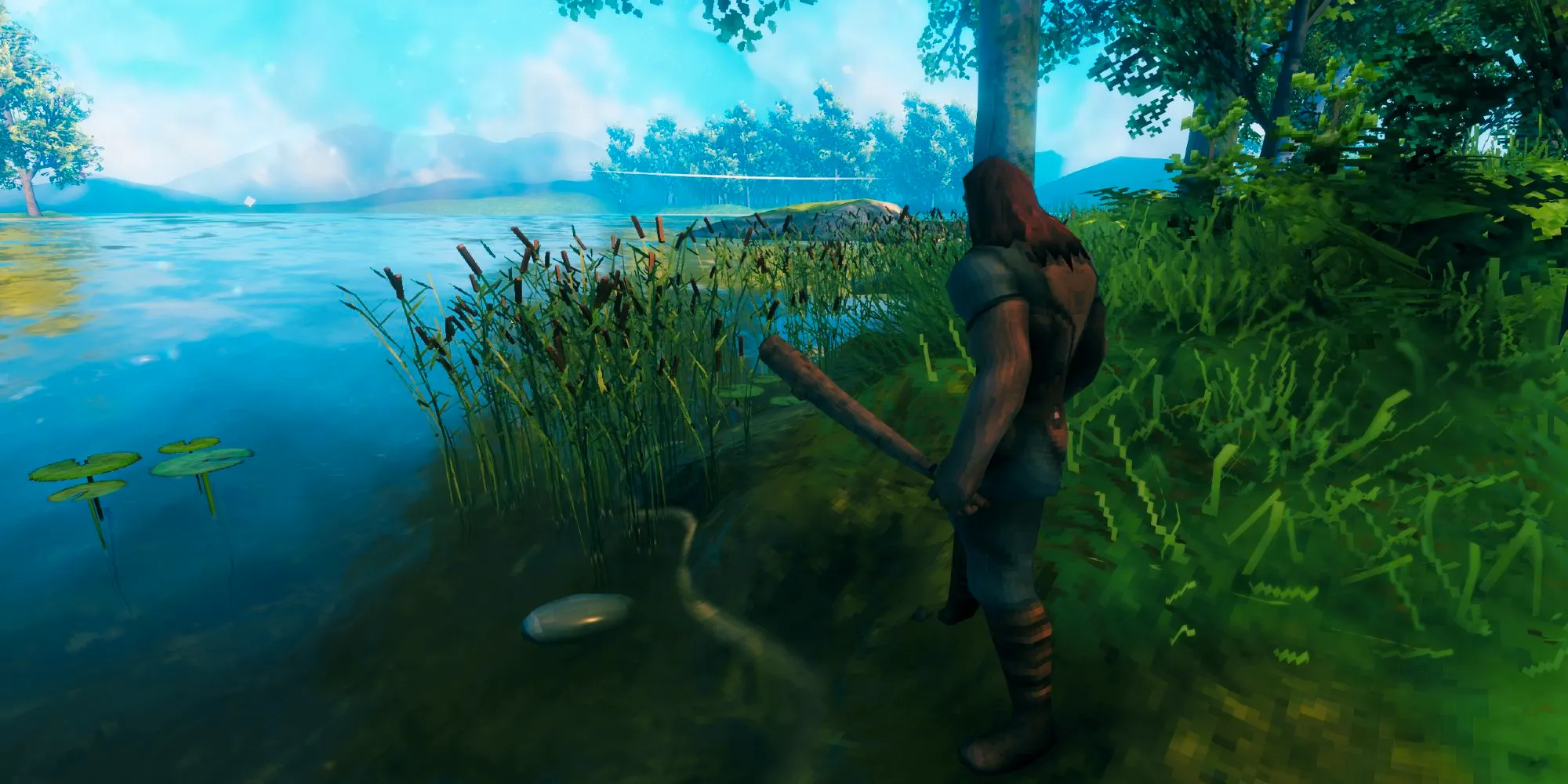 Valheim Male Player Looking At Submerged Flint On Shoreline Image